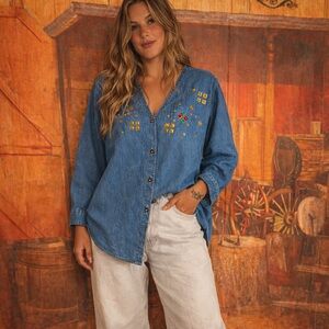 Vintage Dream Denim Studded Western Shirt XL Turquoise Red Gem